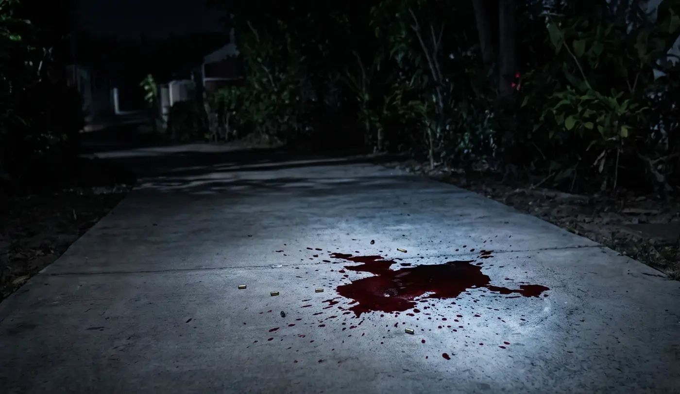 Illustration — a bloodstain on the path between the villas at night.